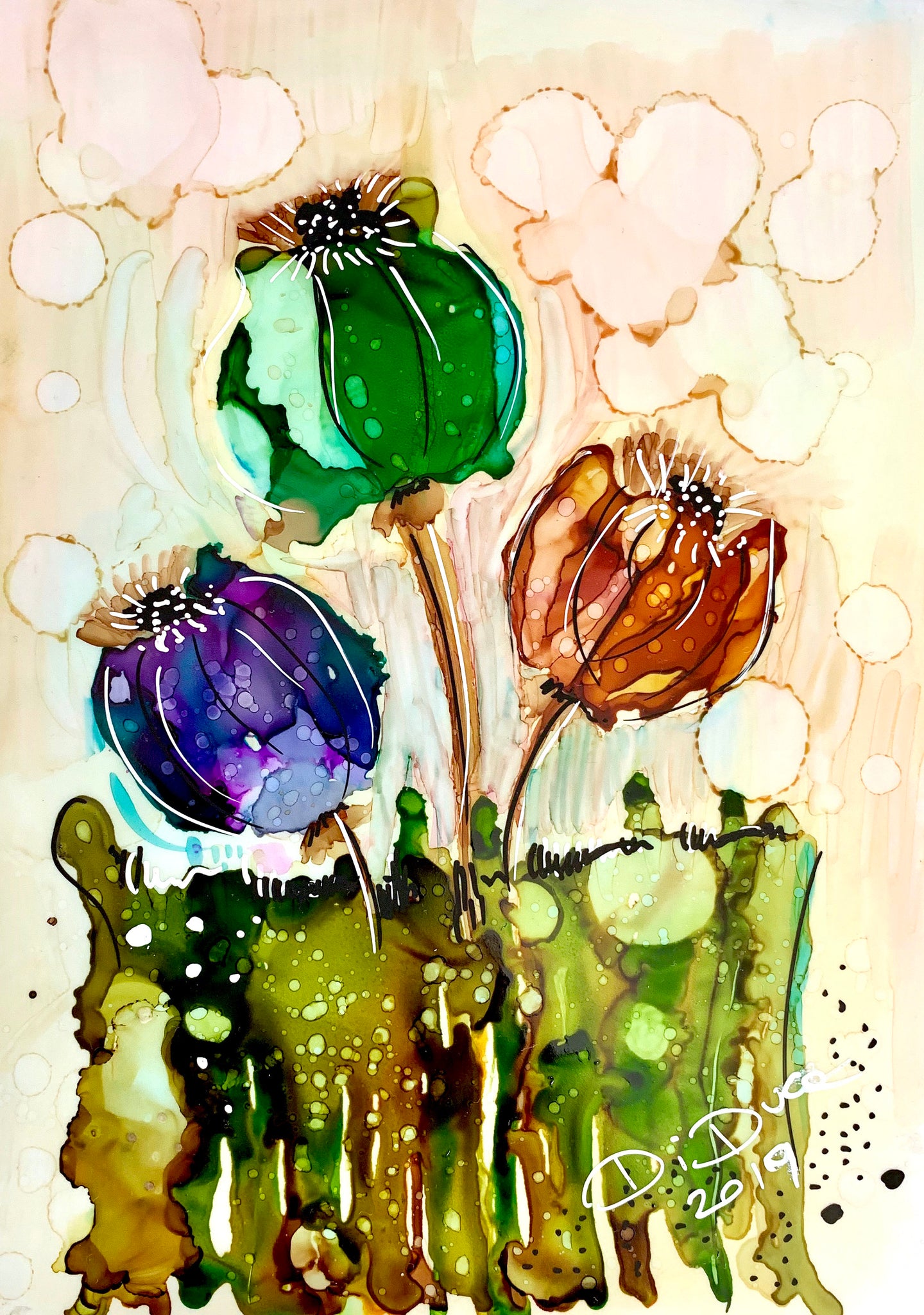 Garden, Alcohol Ink Painting on Yupo Paper, Mounted on Birch Wood, Covered  in Resin 