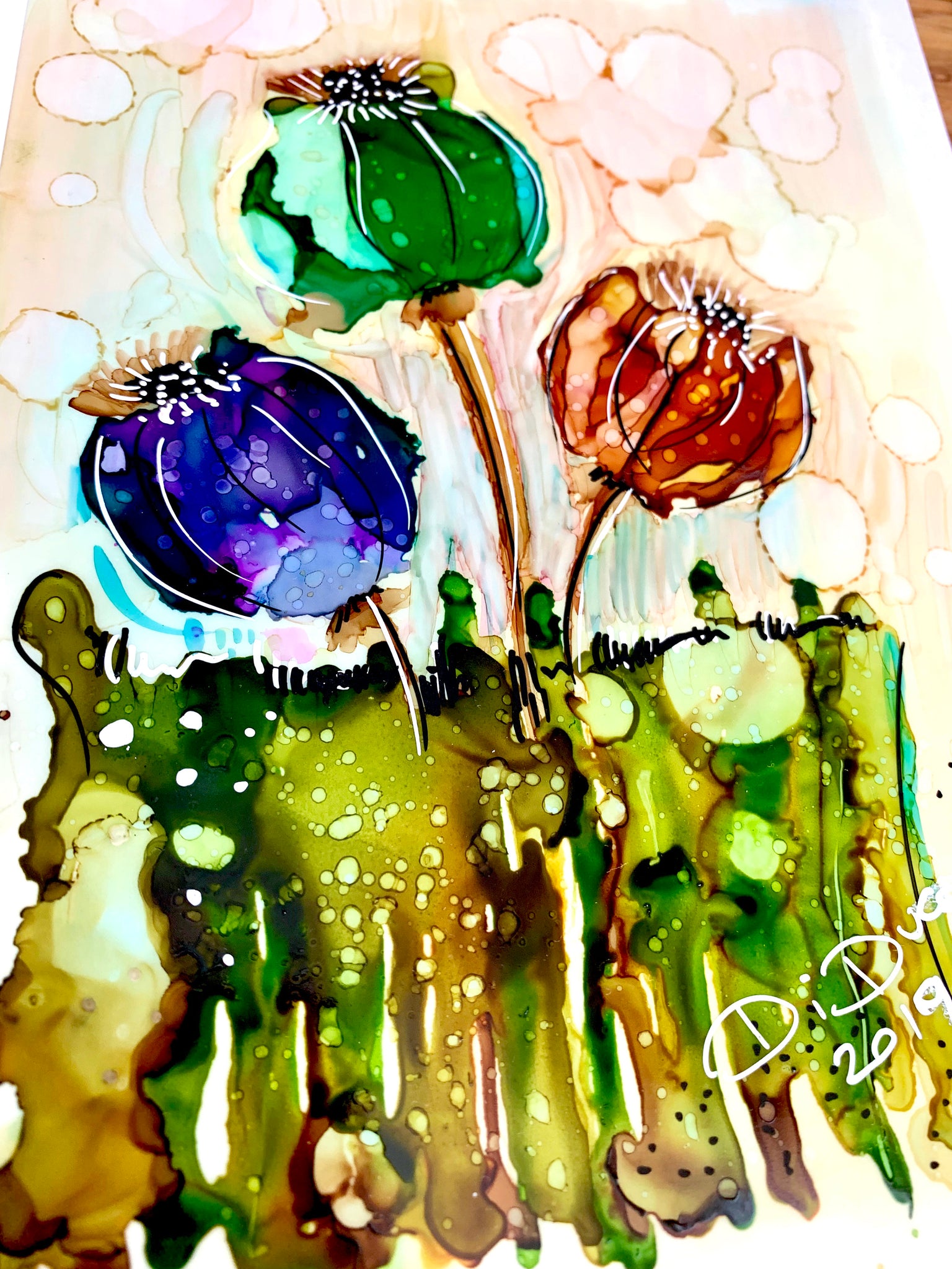 Dandelion Field - Alcohol Ink on Yupo Paper - Korinne Carpino Art